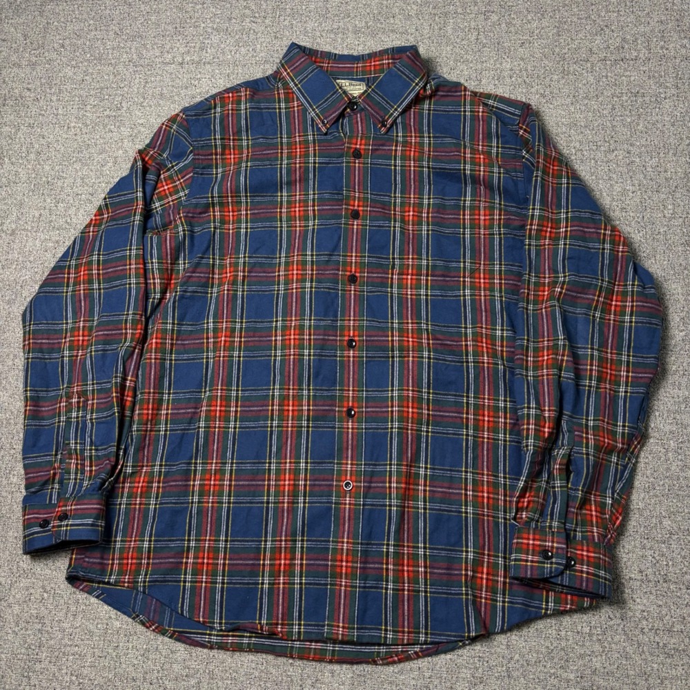 LL Bean Shirt Mens L Traditional Fit Blue Plaid Button-down Navy Blue Orange